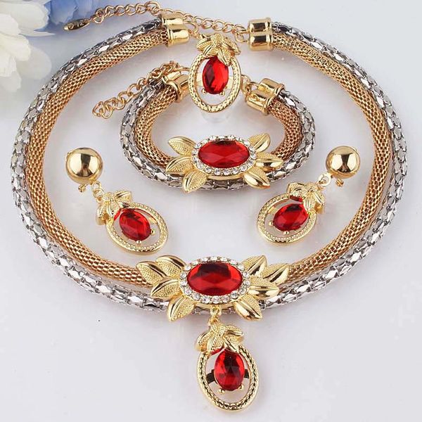 

Wholesale-New 18k Gold Filled Clear Austrian Crystal Garnet Double Chain Necklace Bracelet Earring Ring Jewelry Set