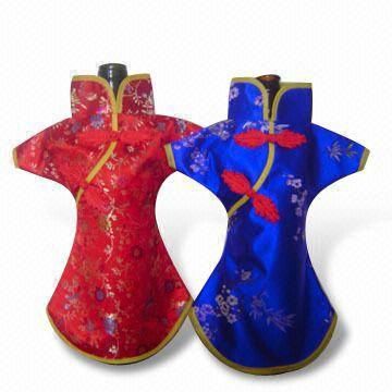 Novelty kinesisk stil semester vinflaska kläder täcker bord middag dekoration silke brocade förpackning väskor passar 750ml / mix stil och färg