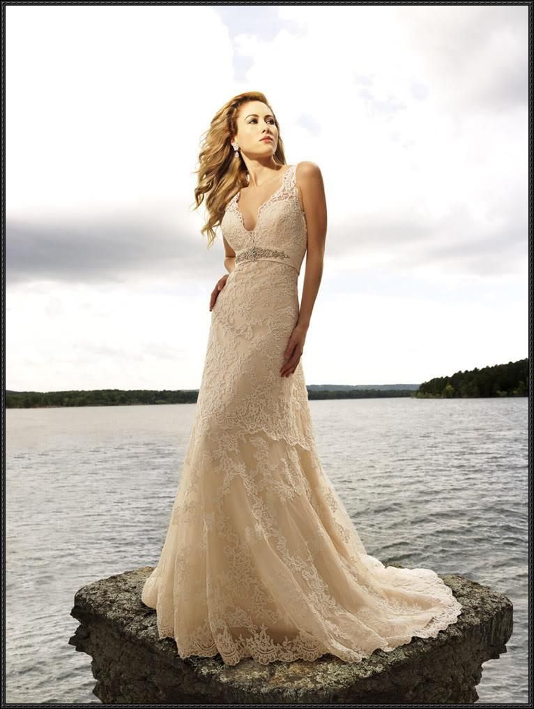 CHAMPAGNE BEACH V NECK LACE BRIDAL WEDDING DRESS/Prom Dress/Gown/Party