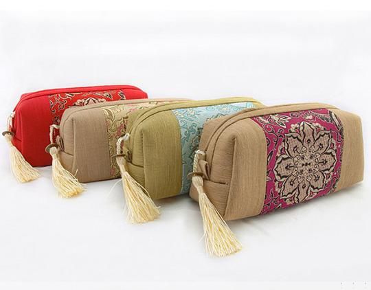 Tassel Patchwork Fabric Travel Zipper Bag för Kvinnor Kosmetiska Makeup Smycken Förvaring Pås Mynt Pocket Purse Plånbok Bröllopsfest Favorit