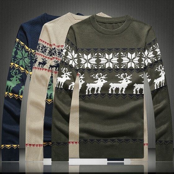 

Wholesale-New and autumn men sweater fashion Christmas snowflakes fawns printed sweater casual slim fit pullover sweater men, Dark blue