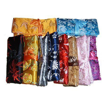 Luxury Floral 3 Zipper Jewelry Roll n go Cosmetic Bag Travel Case Women Makeup Bag Large Drawstring Chinese Silk Brocade Pouch