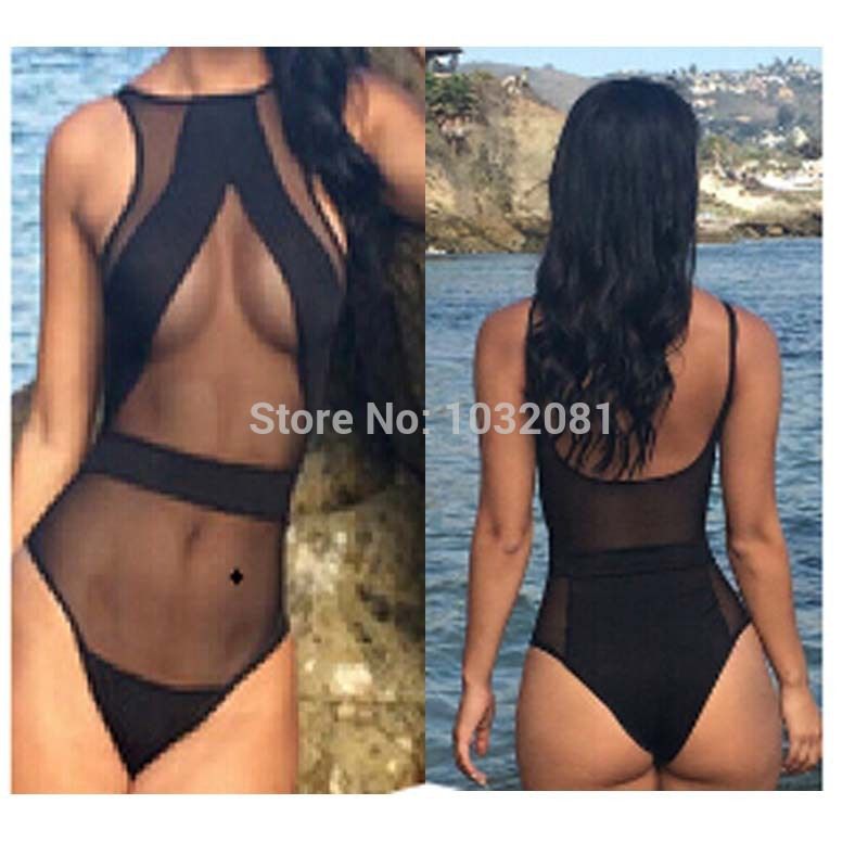 

Wholesale-2015 sexy women ladies girls black mesh sheer one piece swimwear swimsuit beachwear bathing suit biquini badeanzug bademode V162
