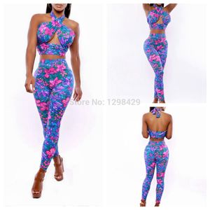 Wholesale-2015New Bandage Women Floral Print Sexy Party Two Piece Strap Neck Beach Jumpsuit Girl Bodysuit Skinny Vintage Overalls Playsuit