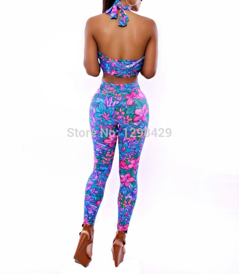 Gros-2015New Bandage Femmes Floral Print Sexy Party Deux Pièces Strap Neck Beach Jumpsuit Fille Body Maigre Vintage Salopette Combishort