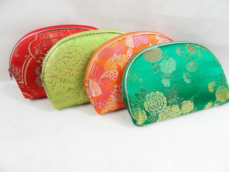 Large Floral Silk Brocade Zipper Coin Purse Women Portable Travel Makeup Storage Bag Cosmetic Pouch Cases