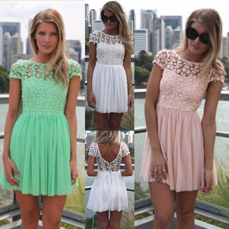 

Wholesale-2015 Fashion Women Summer Dress Crochet Embroidered Patchwork Girl Pleated Tulle Chiffon Lace Backless Sexy Party Club Dresses, Green