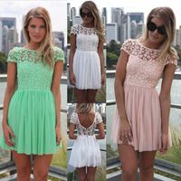 도매 - 2015 패션 여성 여름 드레스 크로 셰 뜨개질 수 놓은 패치 워크 소녀 주름진 얇은 명주 얇은 얇은 파티 클럽 드레스