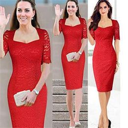 Wholesale-New Fashion Sexy Red Party Clothes Dresses for Women/Square Collar Short Sleeve Lace Bodycon Dresses Women/Summer Women Clothing