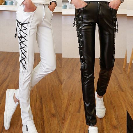 Mens Leather Pants Men Zipper Black 