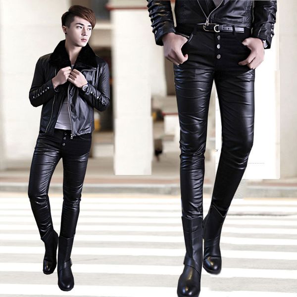 

Wholesale-Hot Sale 2015 Top Fashion Faux Patchwork Lederhosen Mens Leather Pants Male Slim Dress Tight PU Thermal Skinny Trousers Washed