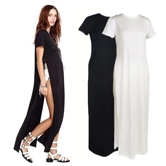 Grossist-kändis sexiga kvinnor klänningar hög sida splits maxi lång tee klänning vestidos de fiesta casual clubwear bandage vit / svart