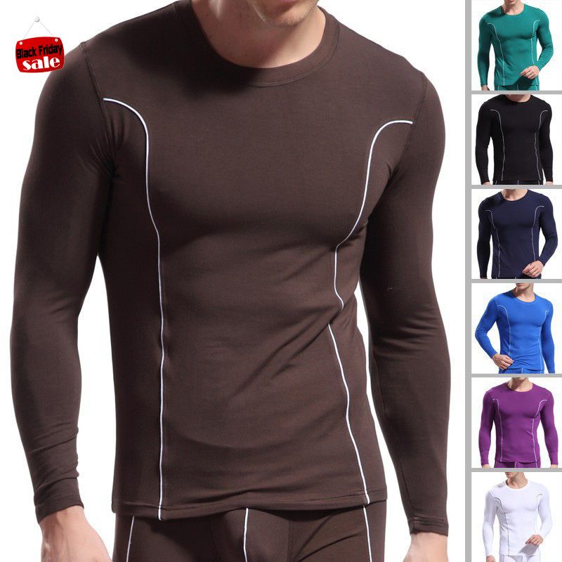 Wholesale- Mens Long Johns Soft Bamboo Fiber Top Undershirt Heated Tight Slim O-Neck Sport Long Sleeve Clothing Quick Dry Underwear