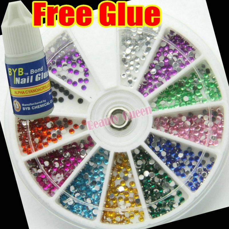 10 st / parti 1200 nail art rhinestone glitter runda 2mm hjul akryl dekoration tips + lim + gratis skepp