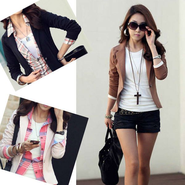 

Wholesale-2015 New Trendy Slim Blazer Women ELEGANT LAPEL ONE BUTTON LONG SLEEVE Blazer Woman SHORT SUIT Jacket Lady BLAZER COAT J3928, Black