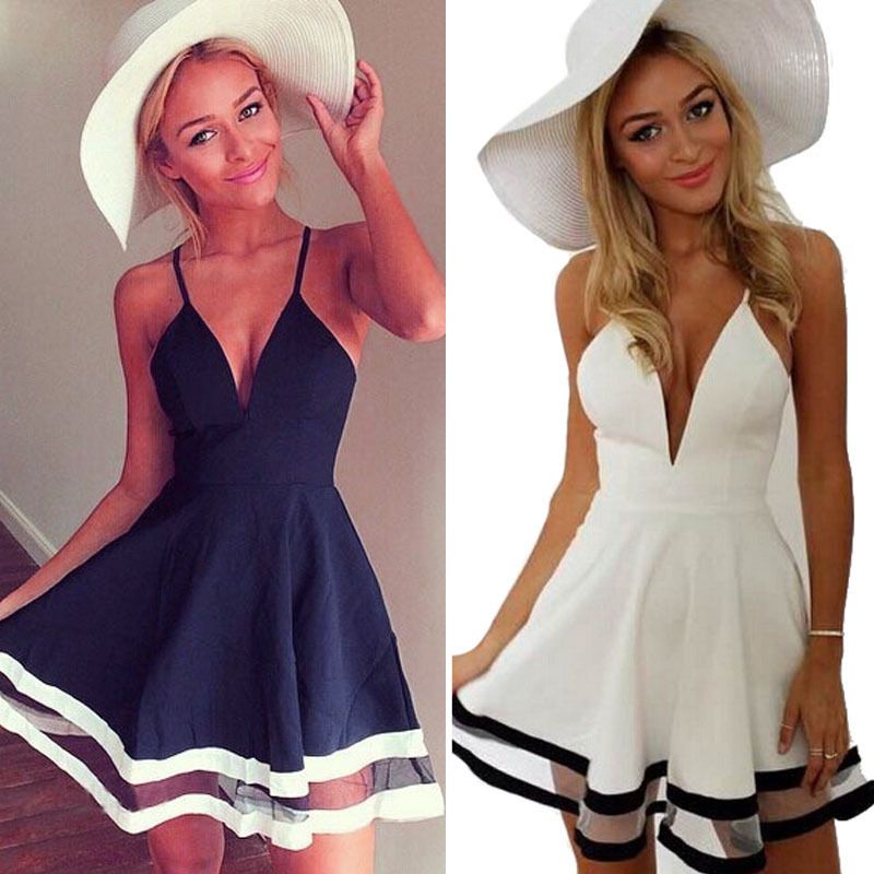 

Wholesale-2015 Black White Women Sexy Summer Casual Dress Sleeveless V-Neck Evening Mini Party Beach Dress Female Plus Size High quanlity
