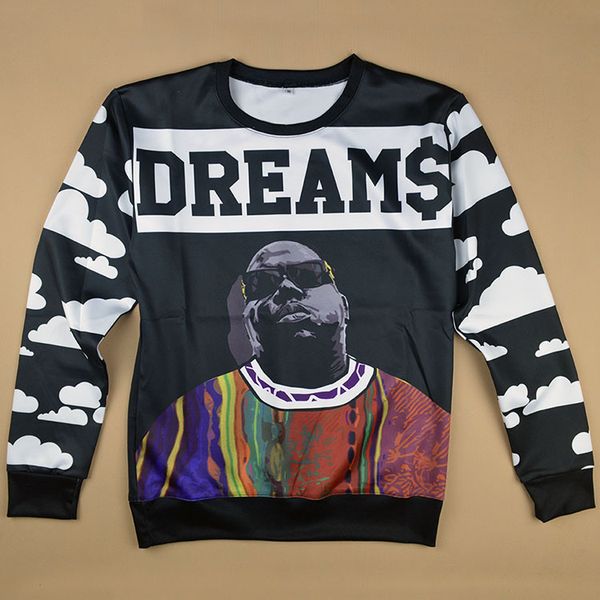 

wholesale- autumn new men/women's fashion sweatshirt 3d print character biggie smalls dreams pullover hoodies hip hop streetwear, Black