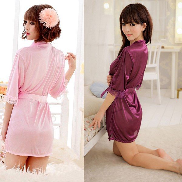 Wholesale-Super Sexy Women Robe Silky Satin Sleepwear Bathrobe Lingerie Ladies Free Shipping 5-SU