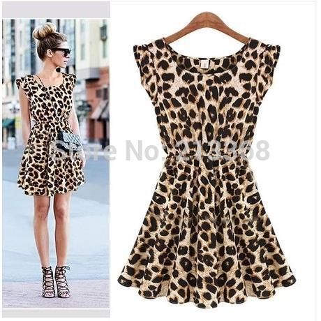 Partihandel-2015 Damtröja Elegant Klassisk Vintage Ärmlös Pinup Leopard Loose Casual Summer Mini Print Dresses S M L XL XXL
