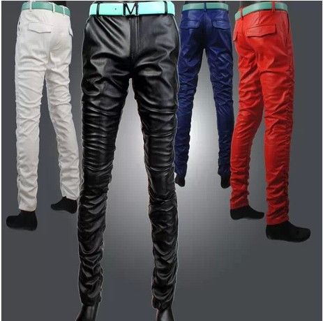 

Wholesale-Hot Streetwear Pu Leather Mens Pants Full Length Hi-fashion Casual Men and Women Pants Black,Red Free Shipping, White