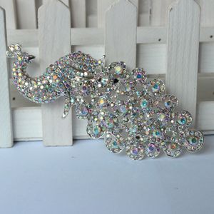 Wholesale-Lager Silver Crystal AB Rhinestone Brooch Big Peacock Brooches For Women Wedding Bouquets Clip Scarf Buckle Hijab Pins 09014