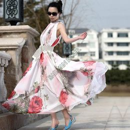 Wholesale-2015 New Women Lady Flower Pattern Sleeveless Chiffon Maxi Dress Flouncing Sundress Long Dresses Free Shipping 41