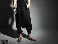 Toptan-YENI Erkek Kadın Japon Samurai Tarzı Boho Casual Düşük Bırak Crotch Gevşek Fit Harem Baggy Hakama Capri Kesilmiş Keten Pantolon Pantolon