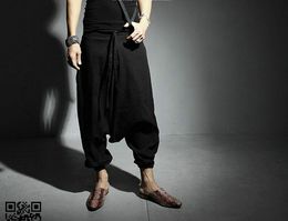 2022 брюки с низкой посадкой промежности
 Wholesale-NEW Men Women Japanese Samurai Style Boho Casual Low Drop Crotch Loose Fit Harem Baggy Hakama Capri Cropped Linen Pants Trousers