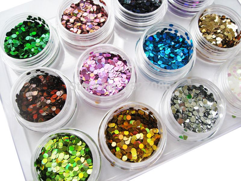 Nail Glitter Partihandel-12 Art Round Shapes Confetti Sequins Acrylic Tips UV Gel