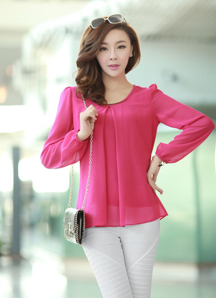 

Wholesale-2015 New Fashion Hot Sale Plus Size Casual Long Sleeve Chiffon Blouse Shirts For Women W4279, White