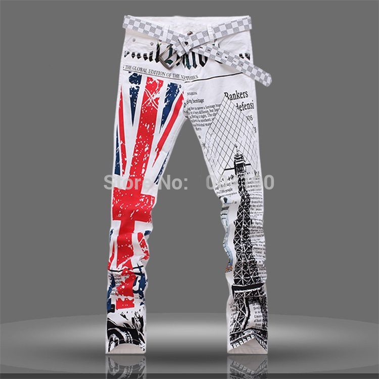 HELT-MENS UK BRITISKA FLAGS JEANS PANTER FÄRGT TACH TOWER Tryckt mode Skinny White Jeans Casual Stretch Jeans Trousers 199r