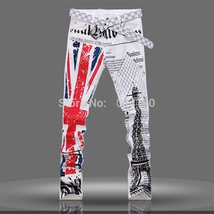 Цельно-мужские джинсы с британским флагом, брюки с цветным рисунком, модные белые джинсы с принтом в виде башни, повседневные эластичные джинсы, брюки 199р
