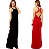 Wholesale-Long Evening Dresses Sexy Women Maxi Chiffon Dress Halter Neck Back Cut Out Black and Red vestido de festa Size S M L XL
