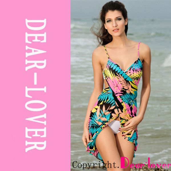 

Wholesale-Sexy Summer Swimwear Women Hawaii Leaves Cross Front Beach Cover-up Dress LC40459 beachwear sarong Cover-Ups & Beach Dresses, Multi