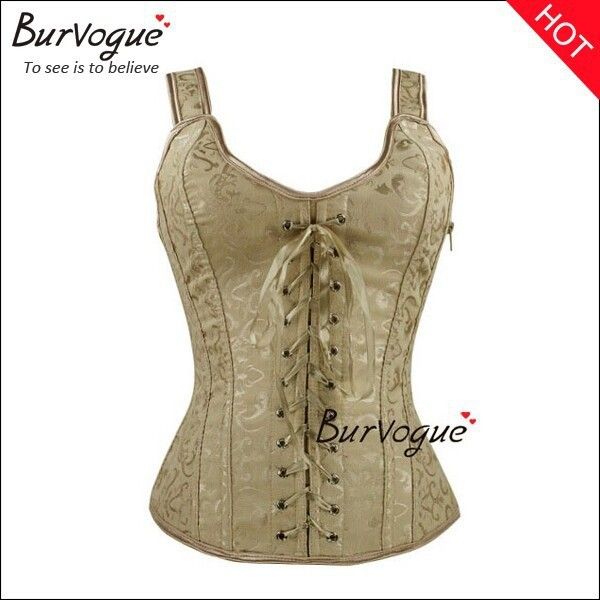 

Wholesale-2015 Hot Sale Burvogue Corset Light Brown Brocade Corset Bustier For Women Fashion Straps Corset Top Sexy Corselet Plus Size, Brown plastic bone