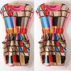 Freeshipping Toptan-Bayan Chic Renkli Geometrik Desen Kolsuz Mini Elbise Yuvarlak Boyun Elbise