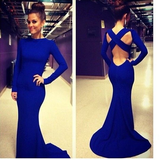 

Wholesale-vestido de festa longo 2015 Fashion Black White Long Party Dresses Long Sleeve Open Back Cross Elegant Mermaid Formal Prom Dress, Blue
