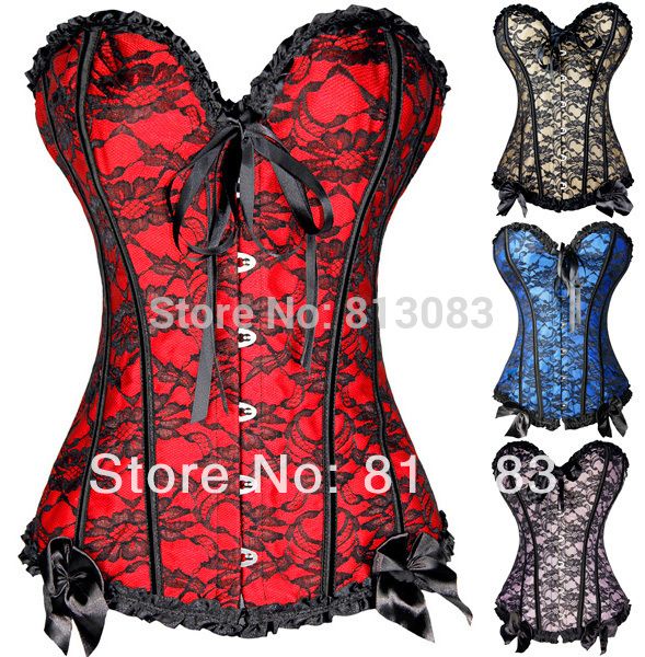 

Wholesale-2015 New Fashion Women Sexy Lace Up Overbust Corsets Strapless Steel Boned Bustiers Top + G-string Floral Print Corset, Gray
