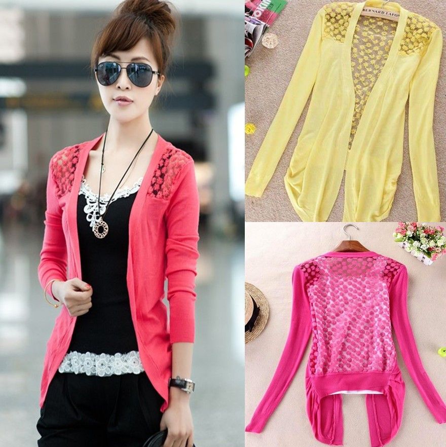 Partihandel-2015 Mode Kvinnor Skjortor Kläder Lace Sweet Candy Color Crochet Knit Bluse Lace Blouse