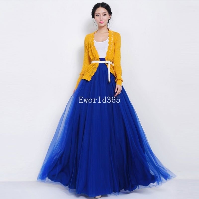 

Wholesale-New Fashion Women Womens Tulle Gauze Mesh Long Maxi Skirt Wedding Dress Long Chiffon Female Candy Color Pleated Womens Skirts, Black