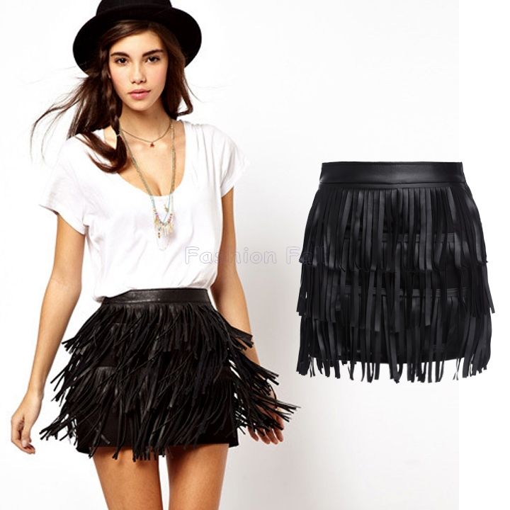 

Wholesale- New Summer High Waisted Skirts Womens Faldas Ladies Vintage Faux Leather Tassel Fringe Skirt Saia Feminina Plus Size YB370, Black