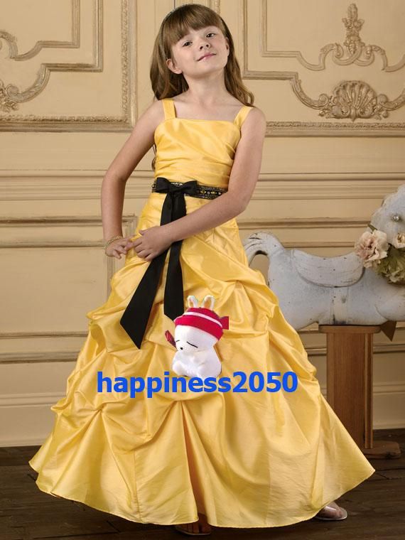 Belle cinghie gialle taffetà perline fiore ragazza vestito vacanze gonna abiti da compleanno abiti da combattimento abiti personalizzati taglia 2 4 6 8 10 12 F1218085
