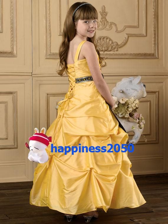 Beaux bretelles de taffetas jaunes perles fille fille robe vacances jupe jupes robes d'anniversaire robes de pageant Taille personnalisée 2 4 6 8 10 12 F1218085