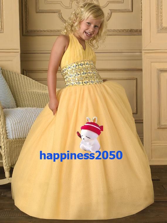 Güzel Sarı Tül Halter Boncuk Çiçek Kız 'Elbiseler Kızların Pageant Elbise Tatil Elbise Doğum Günü Elbise Özel Boyut 2 4 6 8 10 12 F1218002