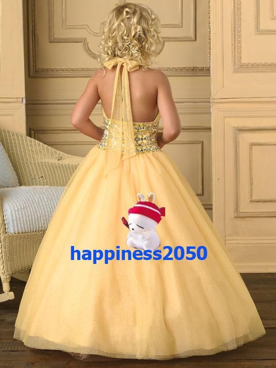 Güzel Sarı Tül Halter Boncuk Çiçek Kız 'Elbiseler Kızların Pageant Elbise Tatil Elbise Doğum Günü Elbise Özel Boyut 2 4 6 8 10 12 F1218002