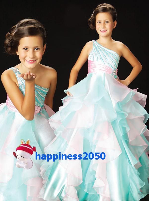 Lovely Green/Pink Organza One-Shoulder Beads Flower Girl Dresses Skirt/Pageant Dresses Custom Size 2 4 6 8 10 12 F117017-image-96964321