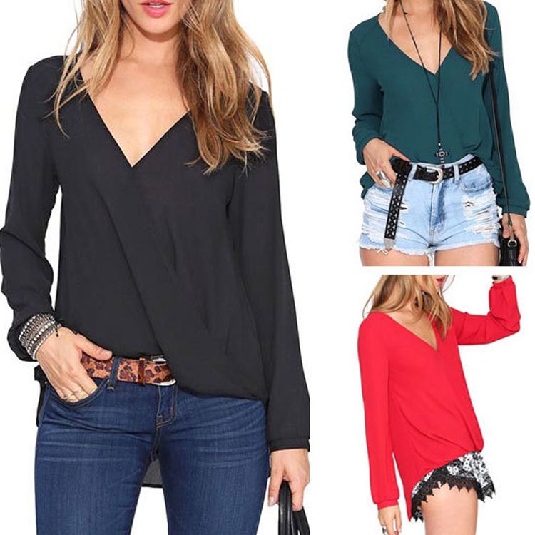 Wholesale-New Spring Summer Chiffon Shirt Fashion Sexy Deep V-Neck Women Blouses Black White Red Long Sleeve Tops Blusa 9236