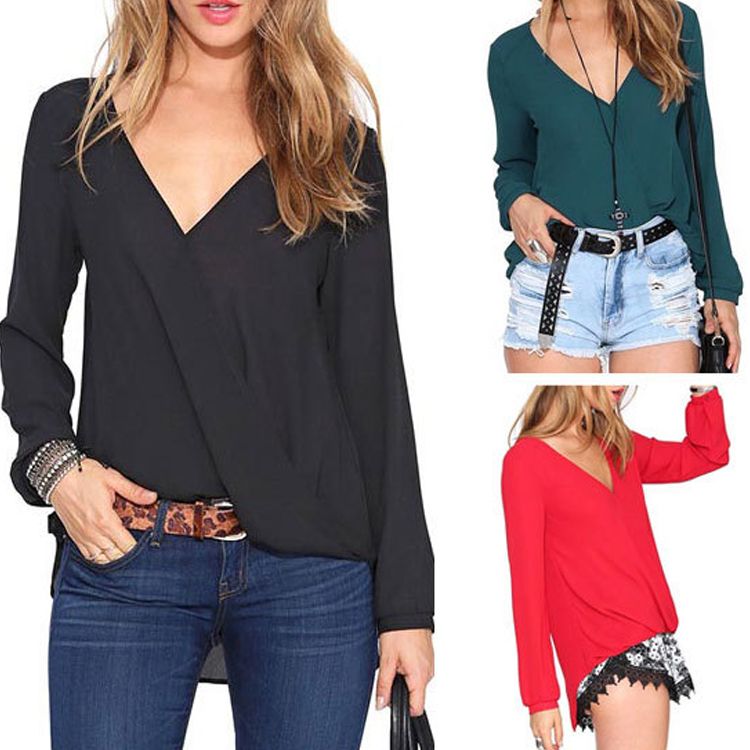 Partihandel-New Spring Summer Chiffon Shirt Fashion Sexig Deep V-Neck Kvinnor Blusar Svart Vit Röd Långärmad Toppar Blusa 9236