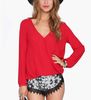 Wholesale-New Spring Summer Chiffon Shirt Fashion Sexy Deep V-Neck Women Blouses Black White Red Long Sleeve Tops Blusa 9236