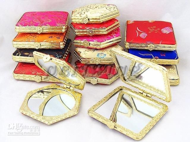 Elegant Fickficka Kompakt Speglar Favorit Kinesisk Damask Portabel Dubbelsidig Makeup Spegel 100st / Lot Mix Färgstilar Gratis frakt